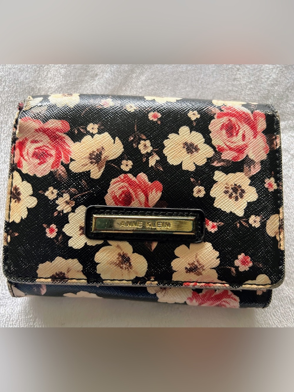 Anne Klein Black Floral Compact Wallet with Cream and Pink Roses